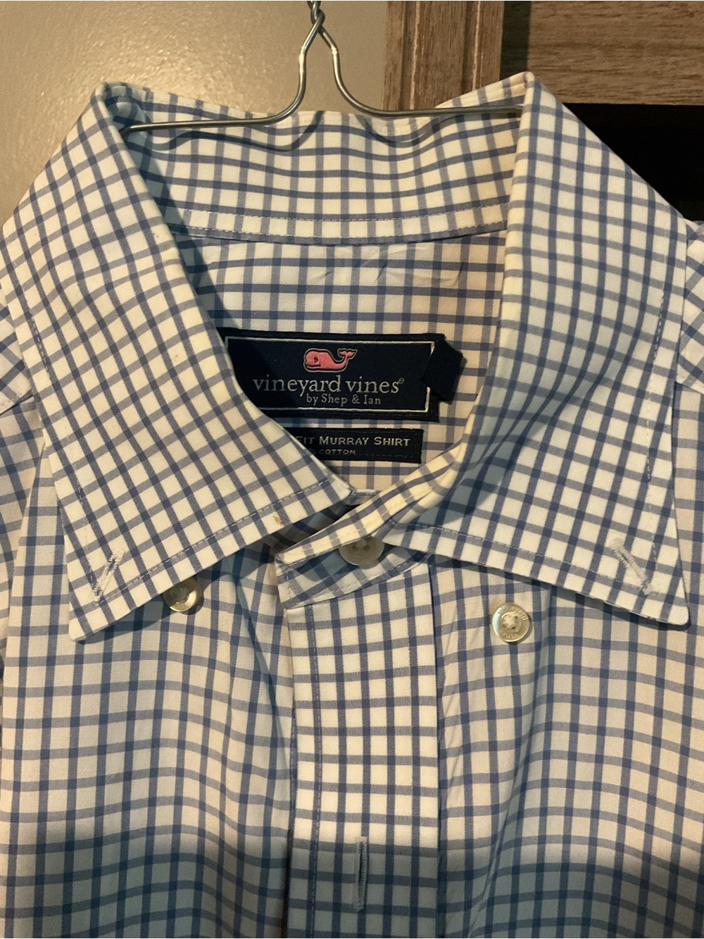 Vineyard Vines Men's White and Blue Windowpane Button-Down Shirt